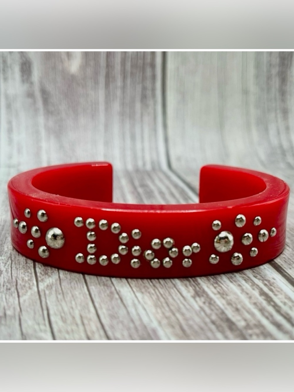 DIOR VTG Y2K Lucite Studded Logo Cuff Bracelet Red Resin RARE Vintage Galliano